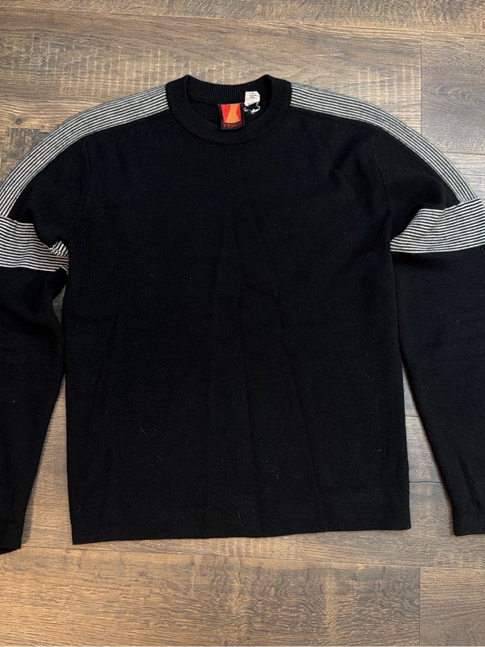 Vintage Interknit Mens XL 100% Wool Sweater Black Gray Striped Hong Kong 80